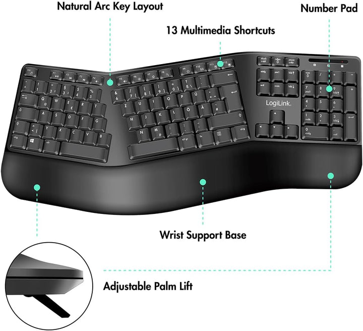 LogiLink Ergonomisches Funk-Tastatur-Maus-Set mit geteilter Tastatur (mit 13 Multimedia Keys)