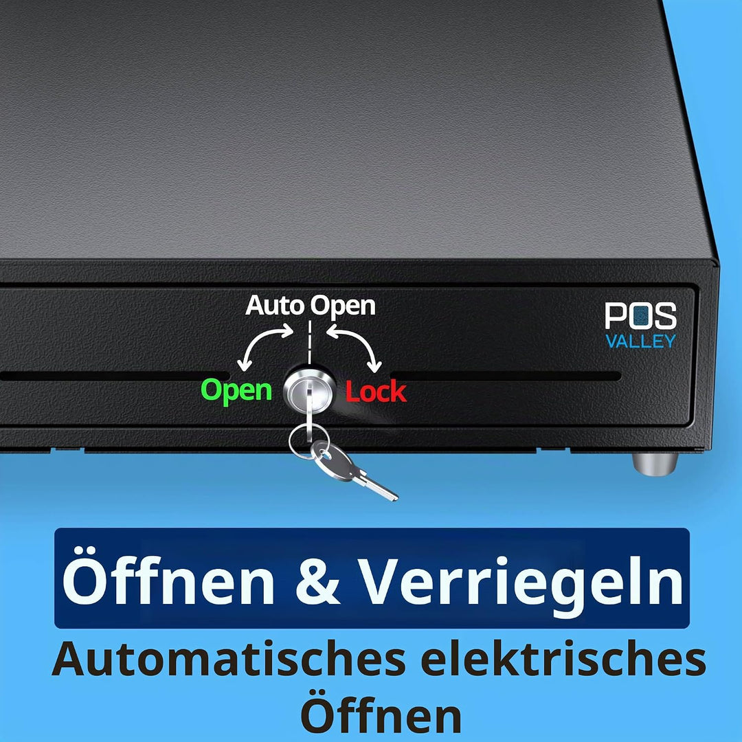Automatische Kassenschublade 33x33cm, 4 Geldschein-/8 Münzfächer, RJ11/Schlüssel-Öffnung, Ideal für