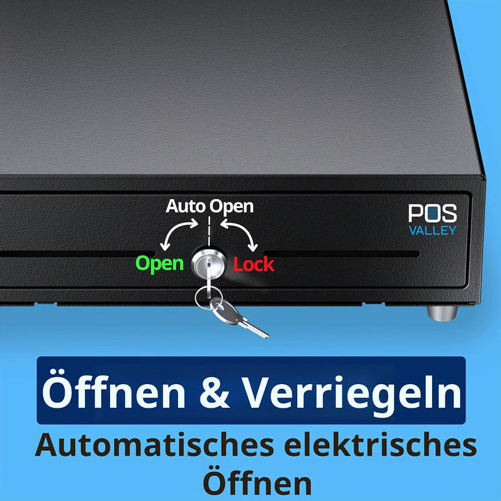 Automatische Kassenschublade 33x33cm, 4 Geldschein-/8 Münzfächer, RJ11/Schlüssel-Öffnung, Ideal für