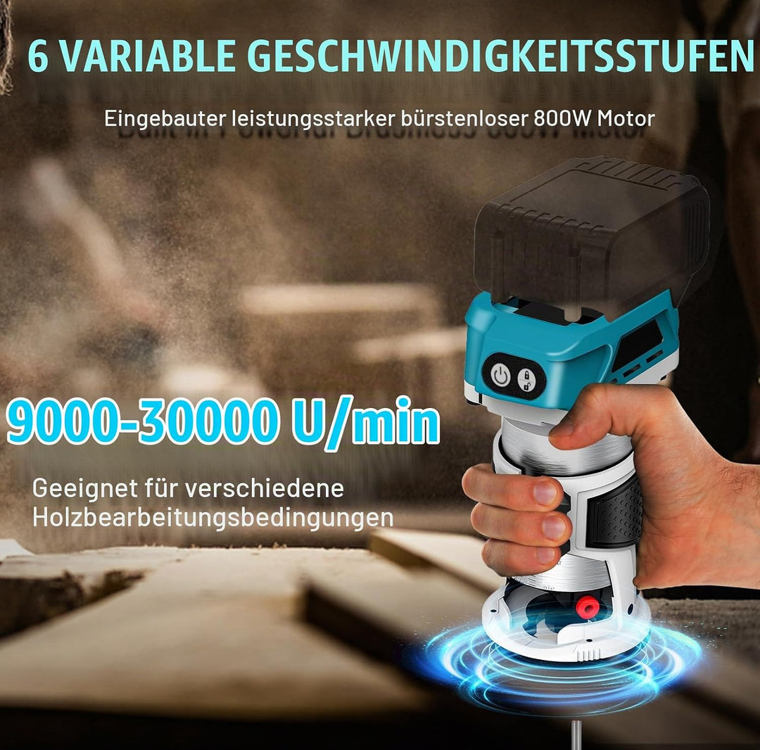 Akku Oberfräse kompatibel mit Makita 18V Akku, 800W Bürstenlose Kantenfräser mit 6 Geschwindigkeiten