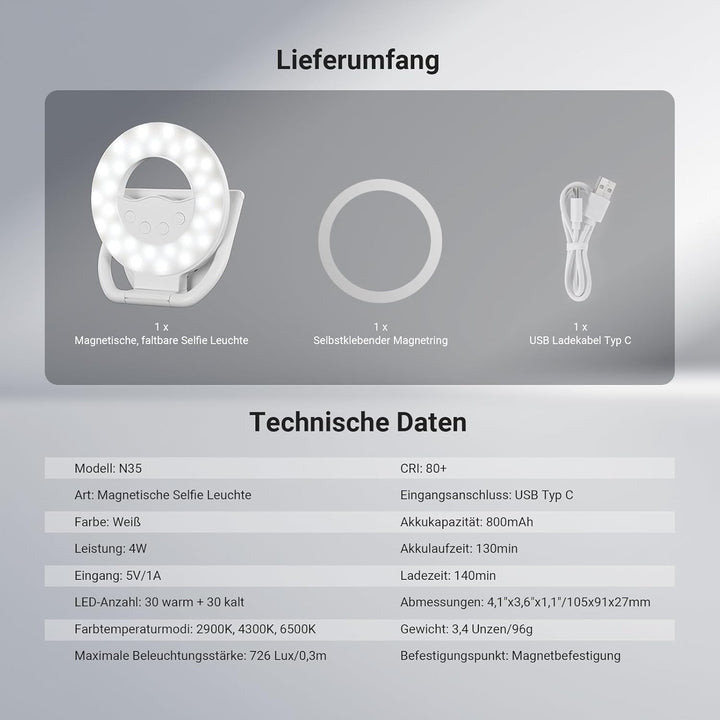 NEEWER Entry Level Version N35 Magnetisches Selfie Handy Licht Kompatibel mit MagSafe iPhone, 4W zwe