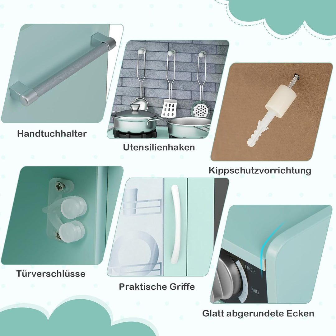 COSTWAY Kinderküche inkl. Zubehör, Spielküche Holz mit Tafel &amp; Mikrowelle &amp; Eismaschine, Spielzeugkü
