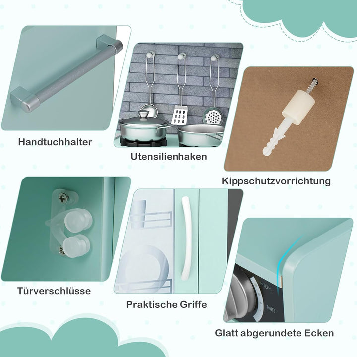 COSTWAY Kinderküche inkl. Zubehör, Spielküche Holz mit Tafel &amp; Mikrowelle &amp; Eismaschine, Spielzeugkü