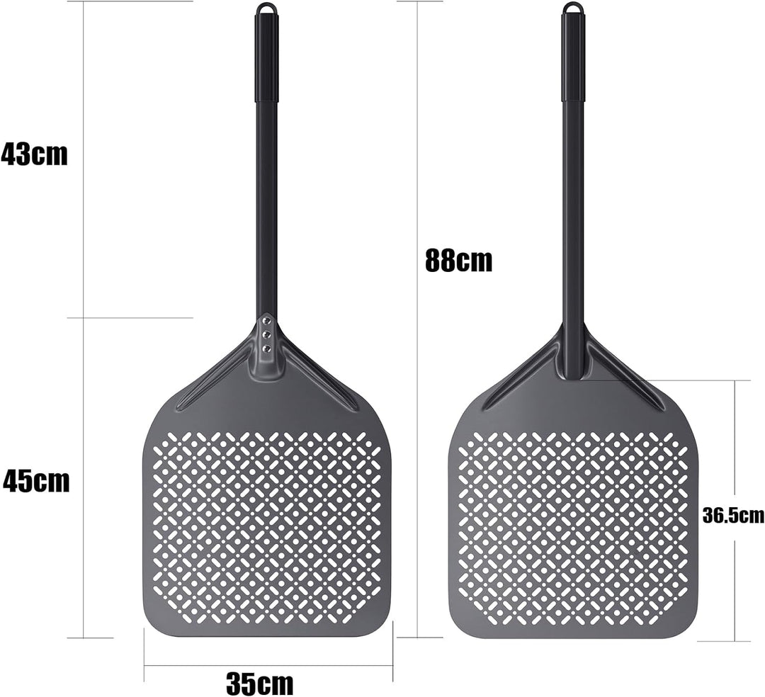 NUTUNI Pizzaschaufel, perforiert, 36 cm, Pizzaschaufel aus harteloxiertem Aluminium mit abnehmbarem
