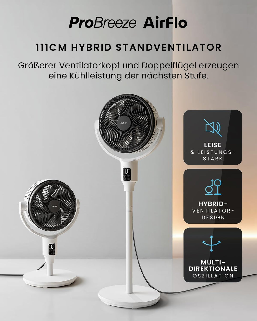 Pro Breeze AirFlo Plus Standventilator 109cm - Leiser Ventilator mit Fernbedienung, LED-Display – UL