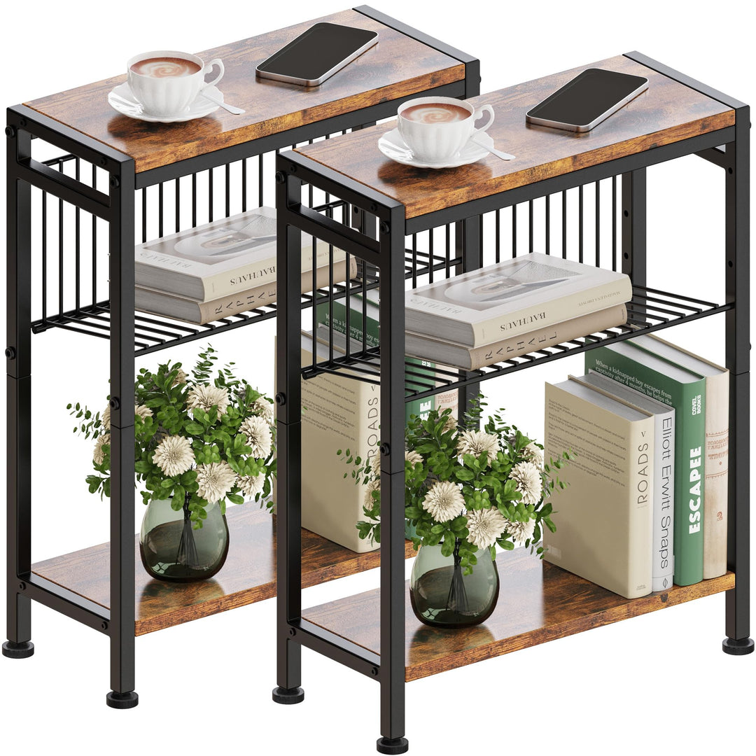 Schmaler Beistelltisch, 2er Set 3 Ablagen Nachttisch Schmal mit Zeitschriftenhalter, sofa beistellti