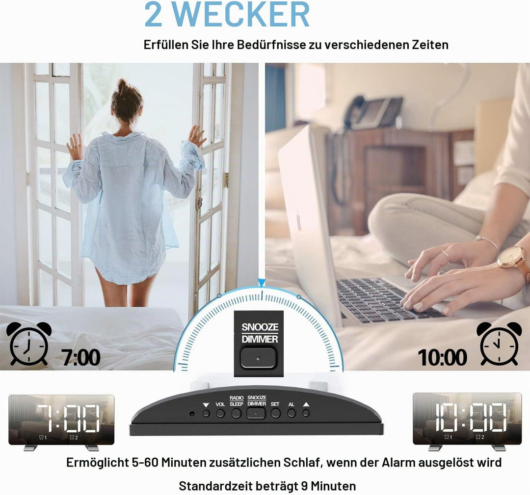 Lancoon Digitaler Wecker mit Radio 4 Helligkeitsstufen Lautstärke einstellbar Schlummern USB Ladeans