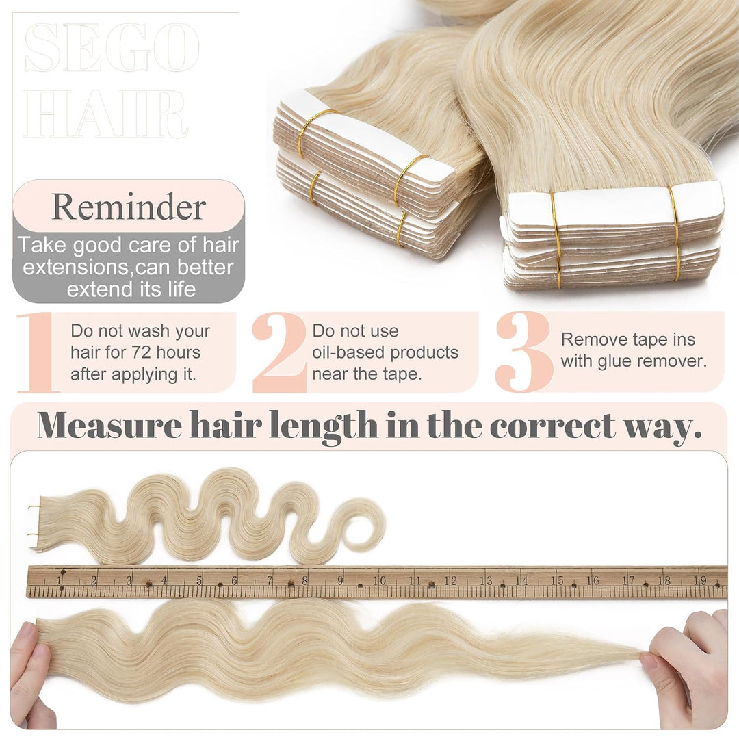 SEGO Tape Extensions Echthaar GEWELLT 12zoll/30cm 20 Stück Klebeband Haarverlängerung 100% Remy Haar