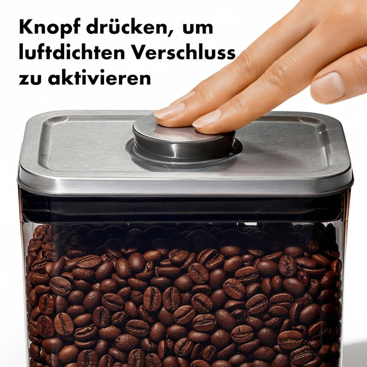 OXO Steel Coffee POP-Behälter mit Schaufel – 1,6 l luftdichte Aufbewahrung, Edelstahldeckel, getönte