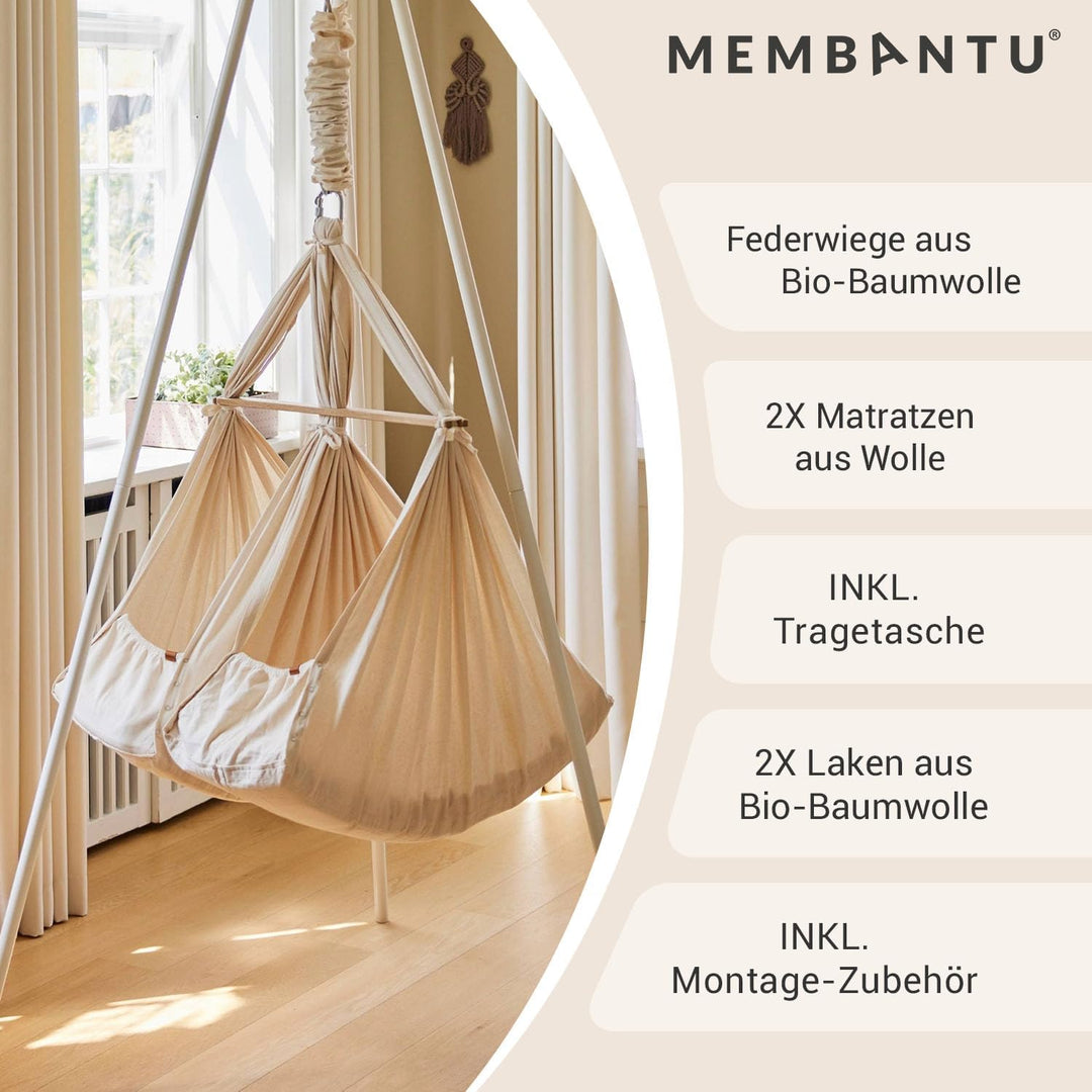 MEMBANTU Federwiege Baby für Zwillinge - Baby-Wiege aus Bio-Baumwolle - Baby-Hängematte inkl. Feder