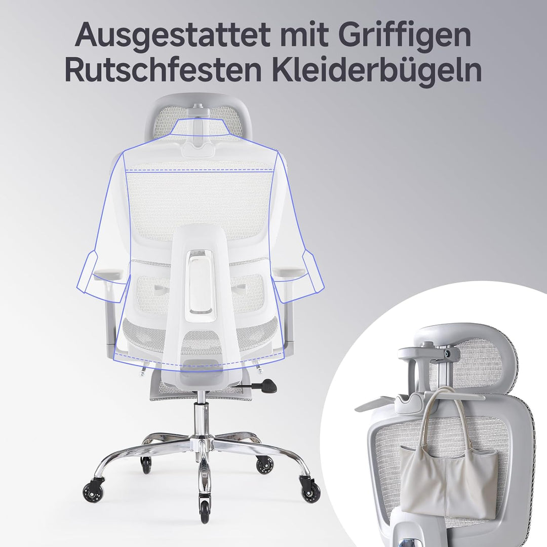 Ergonomischer Bürostuhl mit Fussstütze &amp; Nackenkissen, 5-Fach Höhenverstellbare Rückenlehne, 2D Lord