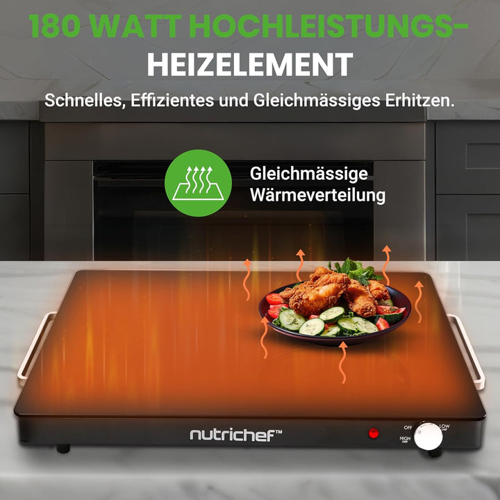 NutriChef Kochplatte elektrisch – Warmhalteplatte 54×42cm mit Temperaturregelung 60–110°C, 180W Warm