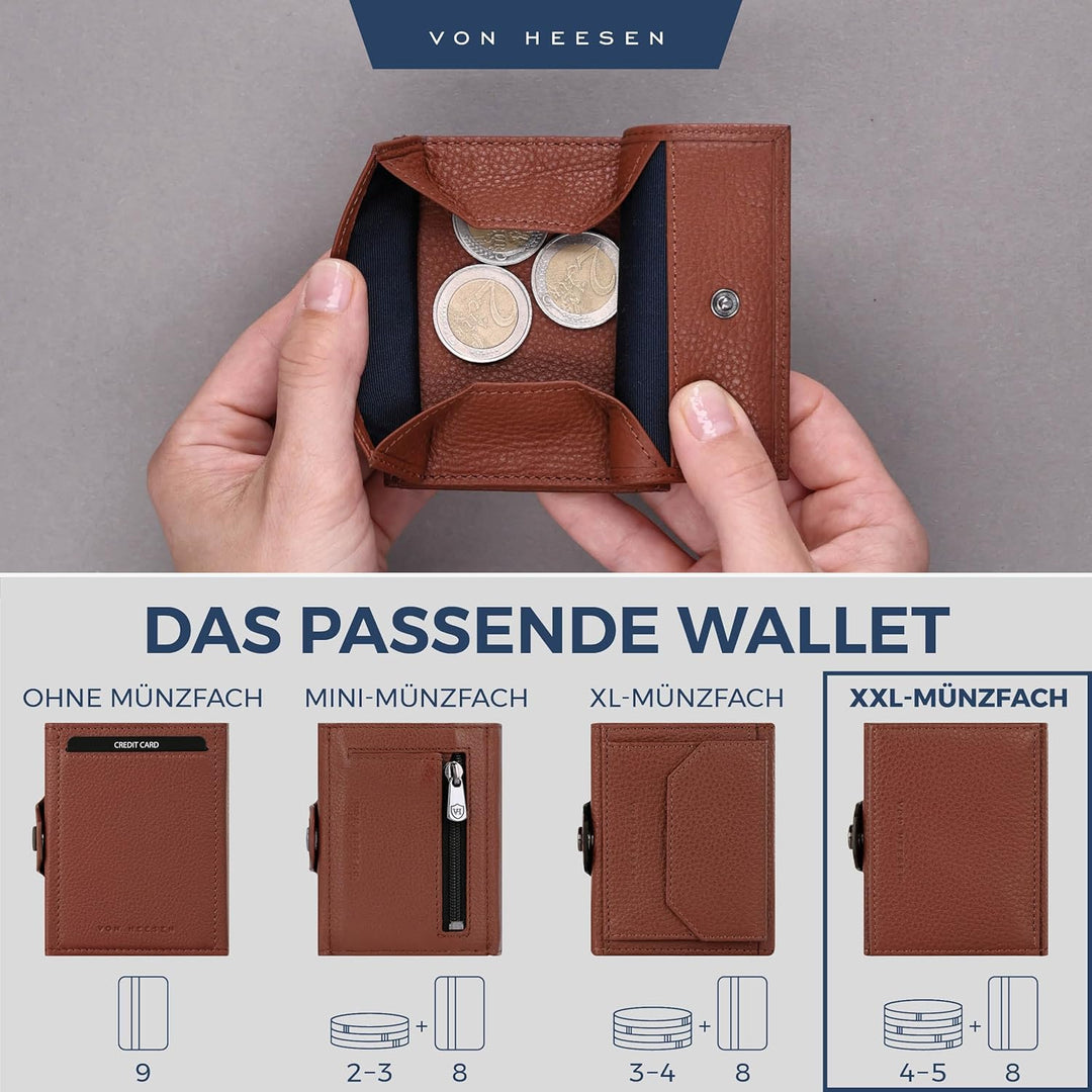 VON HEESEN Slim Wallet mit XXL Münzfach & RFID-Schutz - Leder Geldbeutel - Mini Geldbörse für Herren