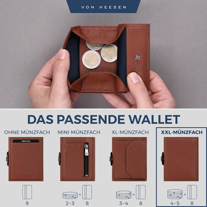VON HEESEN Slim Wallet mit XXL Münzfach & RFID-Schutz - Leder Geldbeutel - Mini Geldbörse für Herren