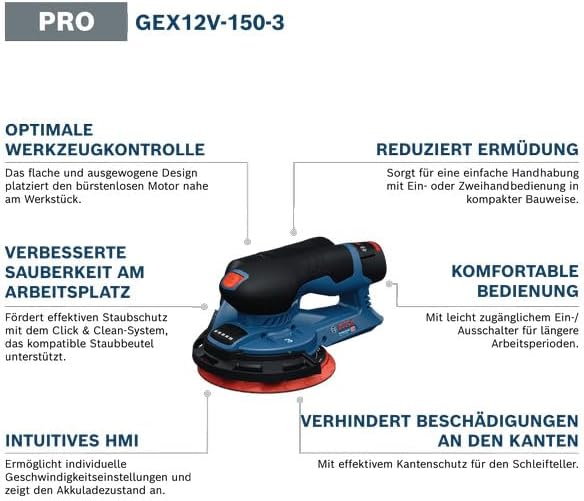 Bosch Professional 12V Akku-Exzenterschleifer GEX 12V-150-3 (inkl. Schleifteller, Schleifblatt, Schu