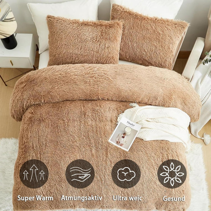 Freyamy Plüsch Bettwäsche 155x220cm Winter Khaki Langhaar Kunstfell Flanell Winterbettwäsche Samt Bi