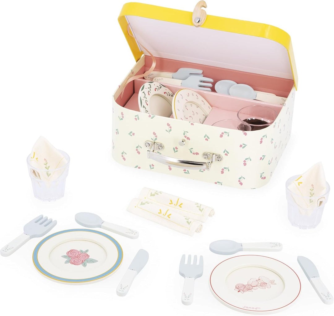 Janod - Valisette Dinette Holz - Picknickset für Kinder - Für 4 Personen - 25 Teile - Valisette aus