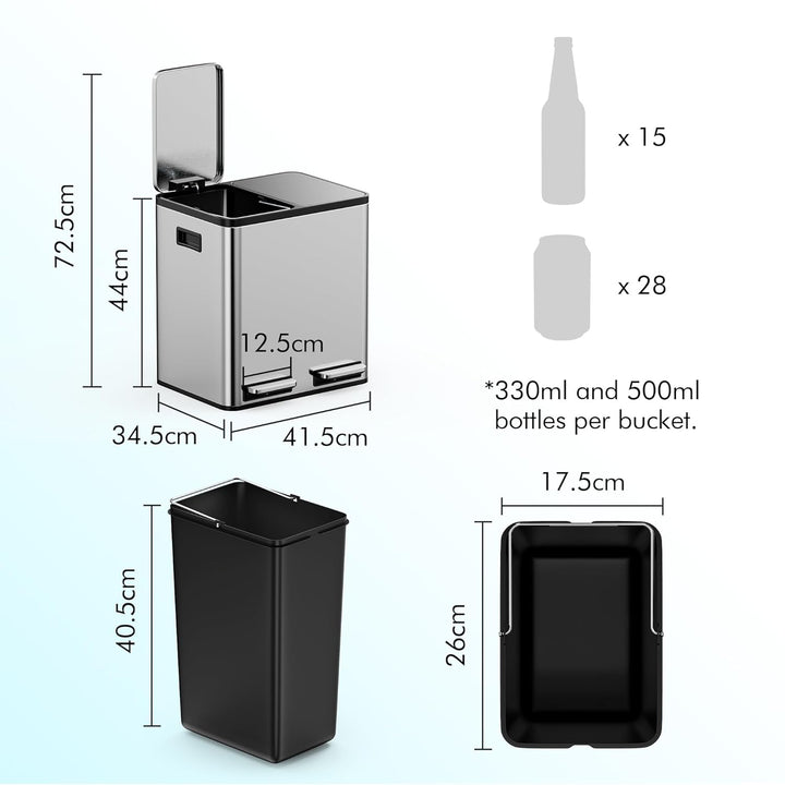 VonHaus Mülleimer Küche 2 Fächer, 30L Recycling Mülltrennsystem – Abfalleimer Biomüll, Rutschfester