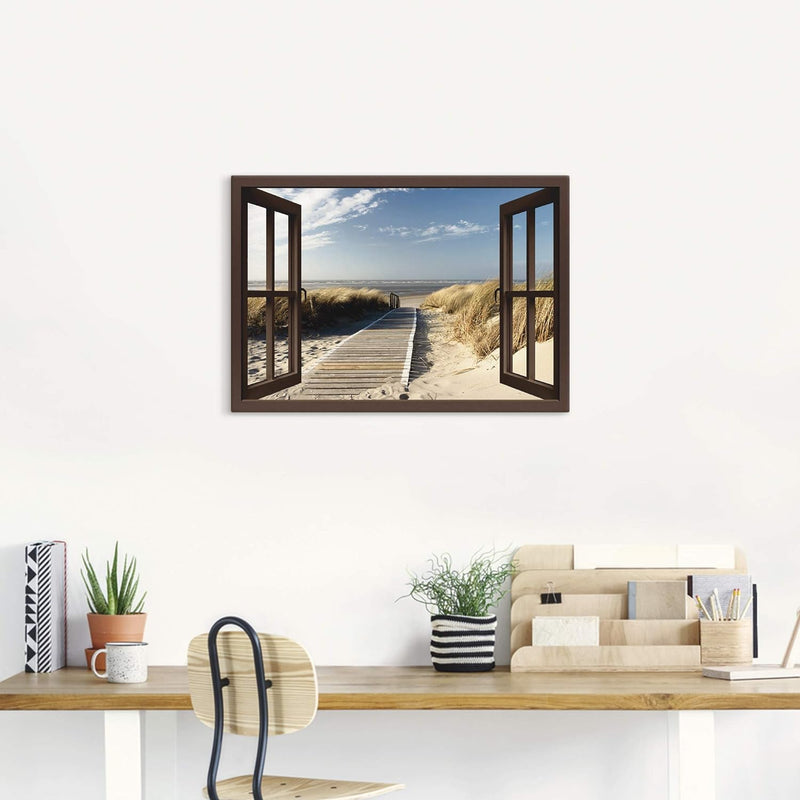 Artland Leinwandbild Wandbild Bild auf Leinwand 70x50 cm Wanddeko Fensterblick Fenster Strand Meer M