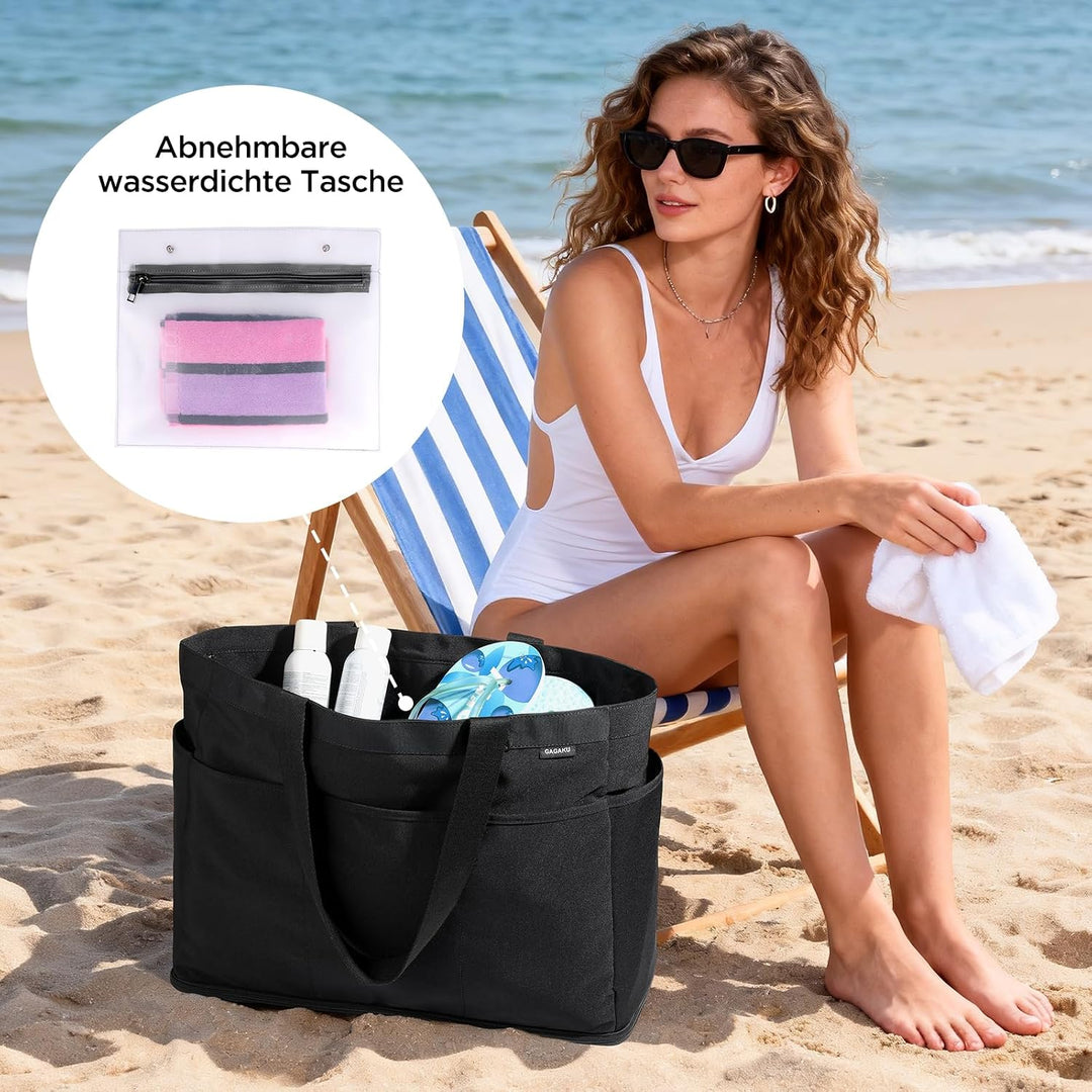GAGAKU Strandtasche XXL/XL mit Kühlfach, Wasserfest Beach Bag mit Reissverschluss – Faltbar Gross Ba