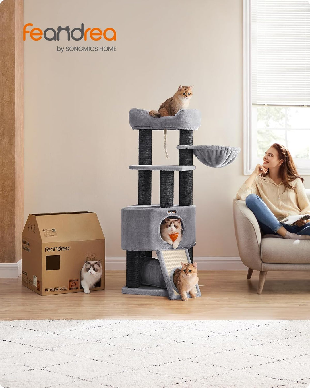 Feandrea Grosser Kratzbaum, M Katzenbaum, mit Höhle, Hängematte, Plüschplattform, Tunnel, Sisalstämm