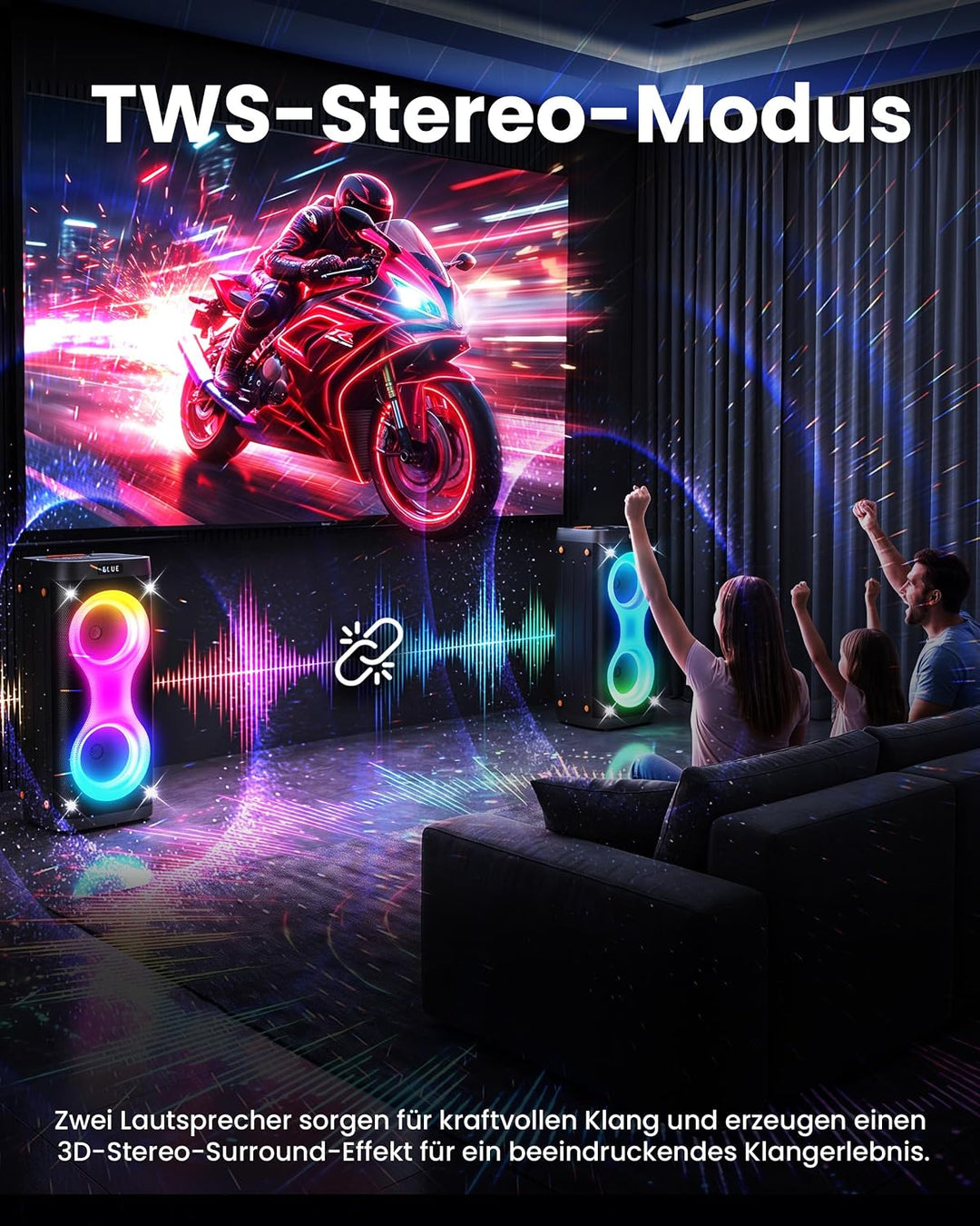 Ankuka Bluetooth Lautsprecher grosse, Partybox mit BT 5.3, 6 Lichtmodi, Mikrofonanschluss, TWS, AUX-