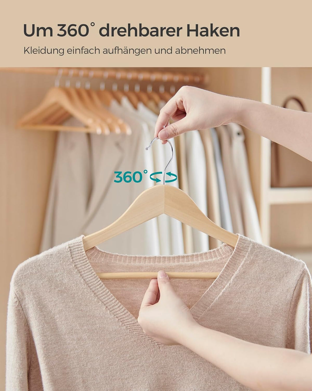 SONGMICS Kleiderbügel Holz, 48er Set Bügel, Holzbügel, Einkerbungen im Schulterbereich, Hosensteg, H