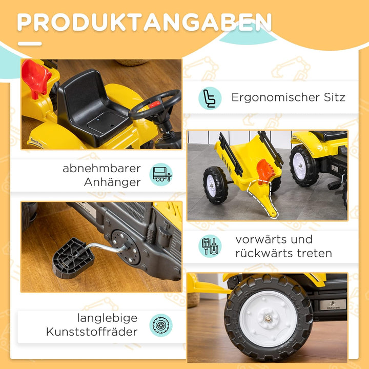 HOMCOM Trettraktor mit Anhänger Tretauto Traktor mit Anhänger ab 3 Jahre Spielzeug Kinder Gelb 133 x
