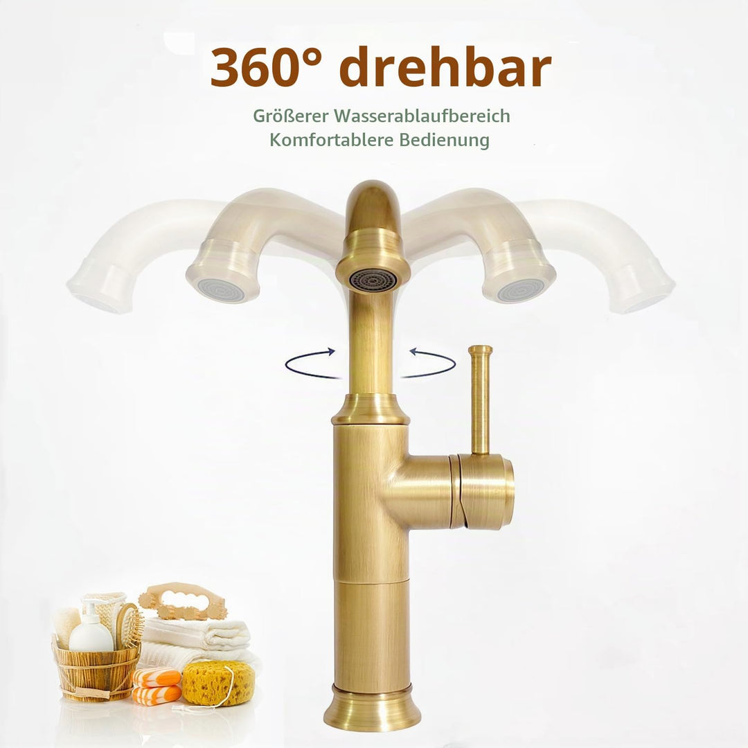 Wasserhahn Bad Antik Messing, Waschtischarmatur Hoch 360° Drehbar, Einhebel Mischbatterie Badarmatur