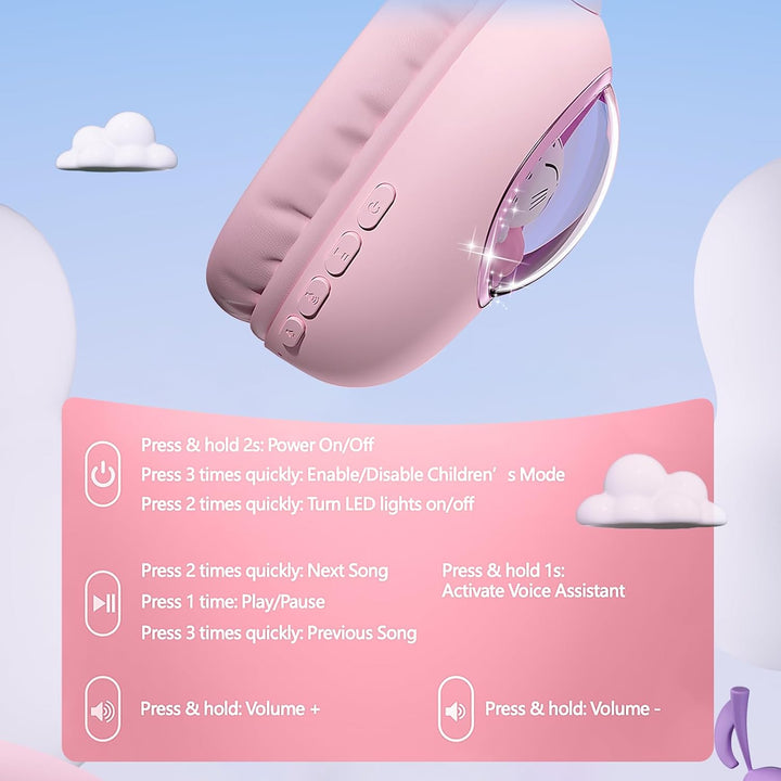 Kinder Kopfhörer mit Katzenohren, Bluetooth 5.4 Over-Ear Noise Cancelling Kopfhörer mit Mikrofon, LE