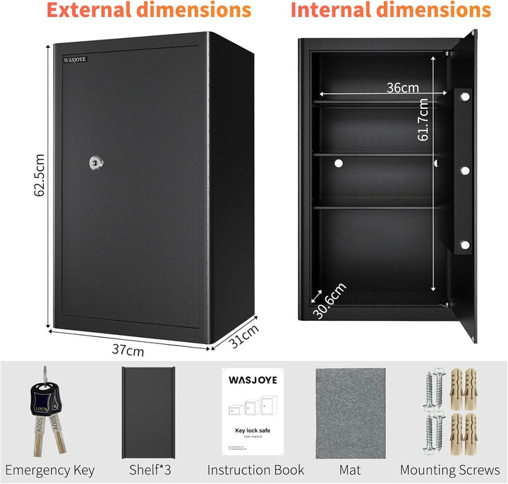 Safe Tresor mit Schlüssel, WASJOYE Möbeltresor mit Schlüssel-Schloss für Zuhause/Büro, 60L Gross Wan