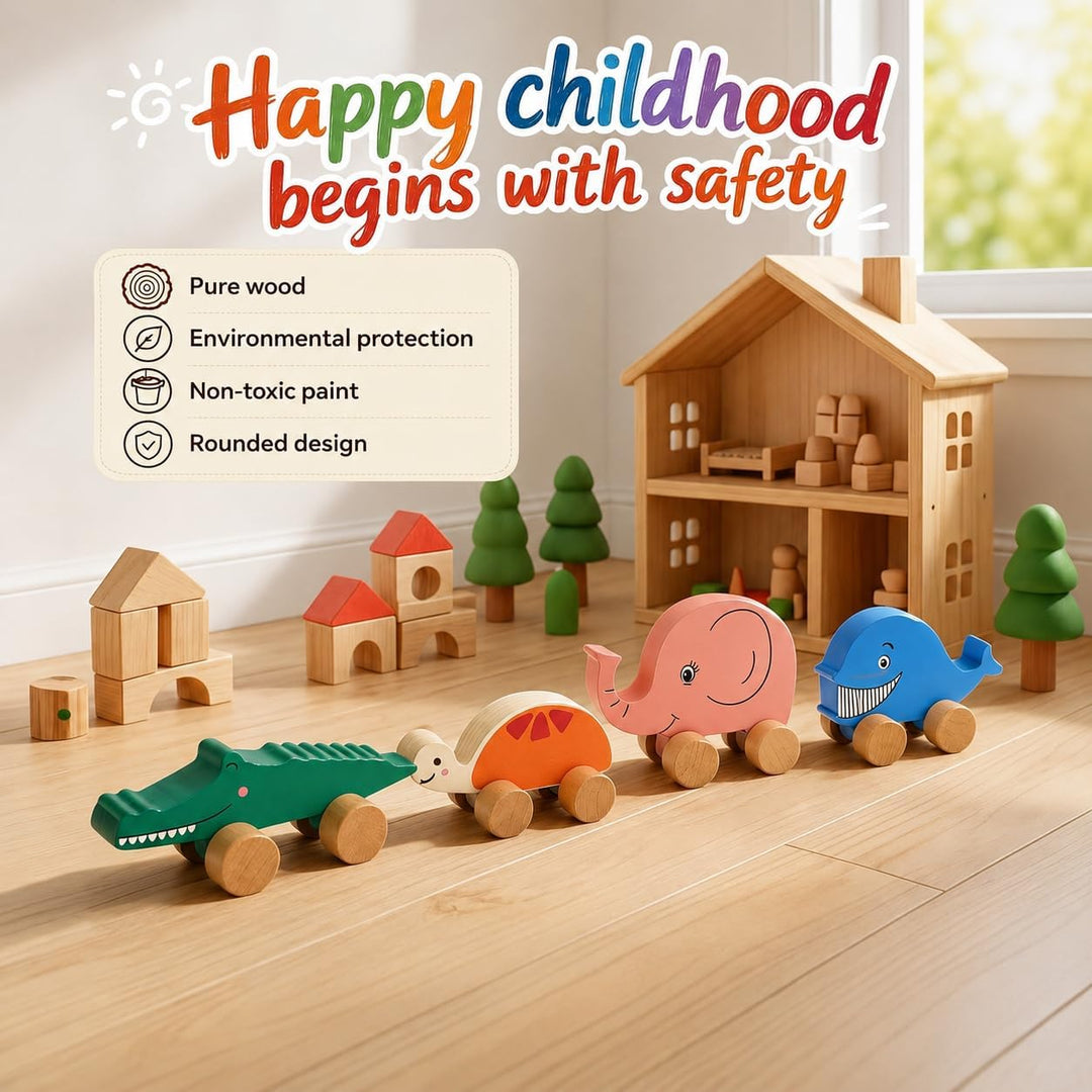 TOWO Holzautos für Kleinkinder – Tiere auf Rädern – Fahrzeuge, sensorisches Greifmotorik-Spielzeug –