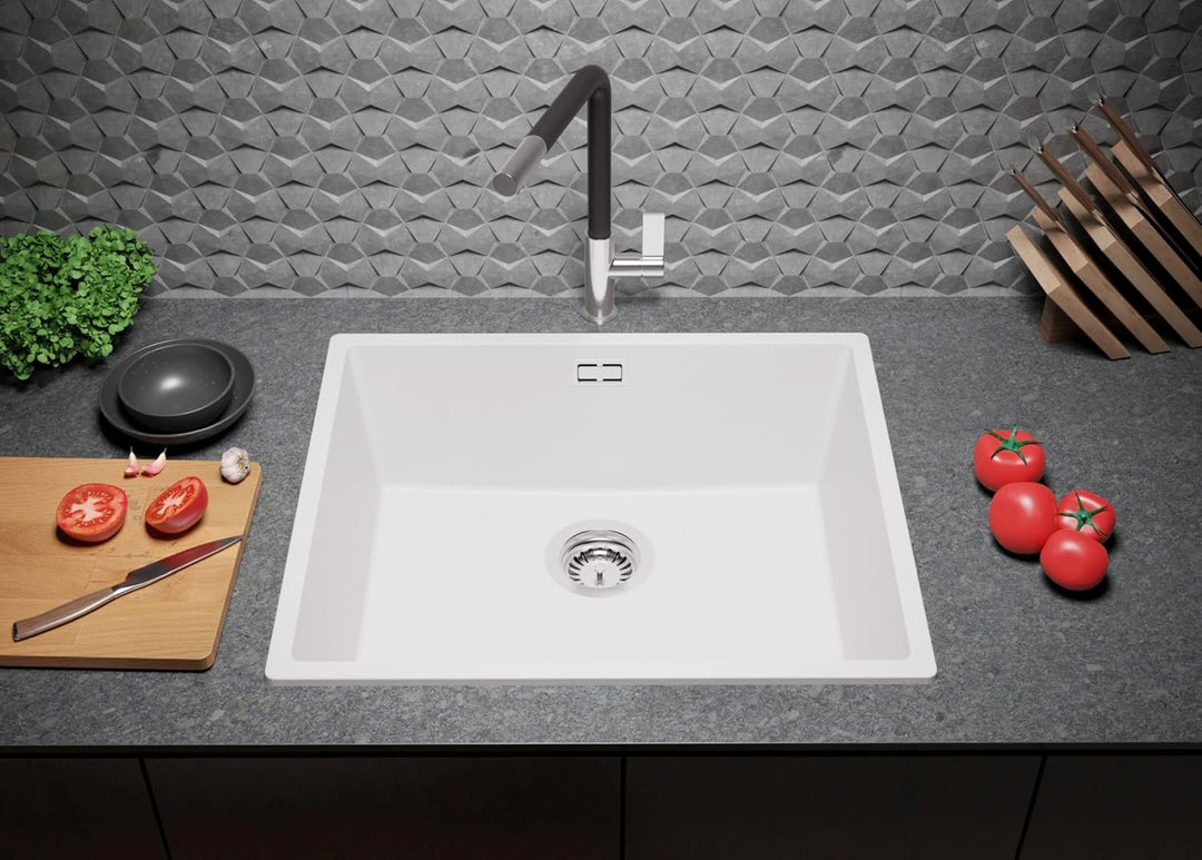 Spülbecken Weiss 56 x 47 cm, Granitspüle + Siphon Klassisch, Küchenspüle ab 60er Unterschrank, Einba