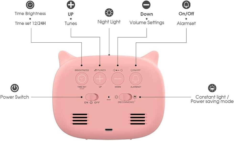 Kinderwecker Digital, Wecker mit Licht, 18 Musik Klingeltöne, 5 Helligkeitsmodi, 12/24 Stunden, USB-