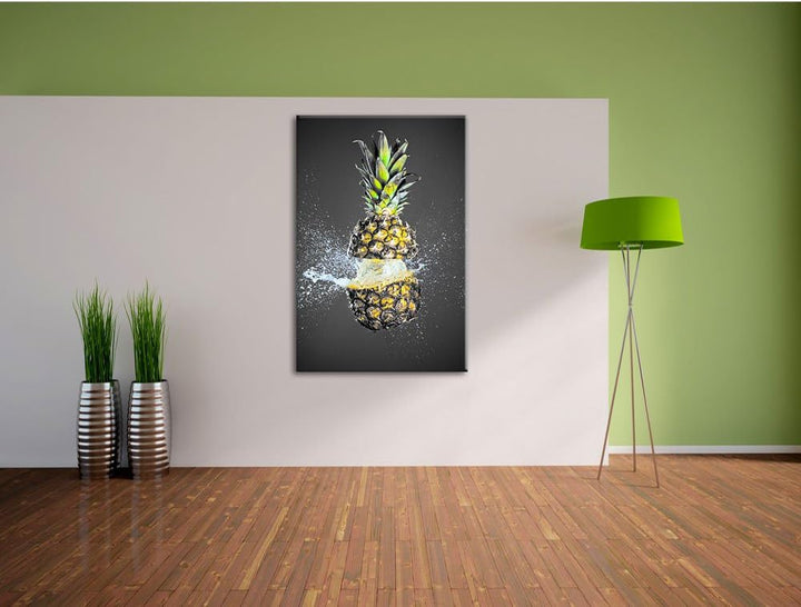 Pixxprint Ananas mit Wasser bespritzt B&W Detail, Format: 100x70 auf Leinwand, 100x70