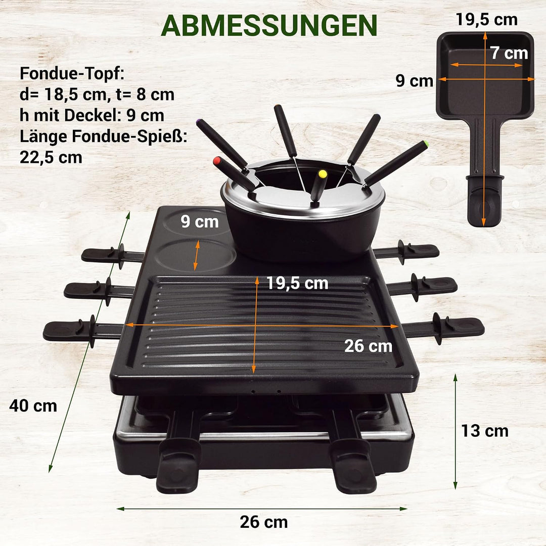 Syntrox Raclette Fondue 2in1 für 8 Personen, 1400 W, antihaft Grillplatte, 8 Pfännchen, 1,4 l Fondue