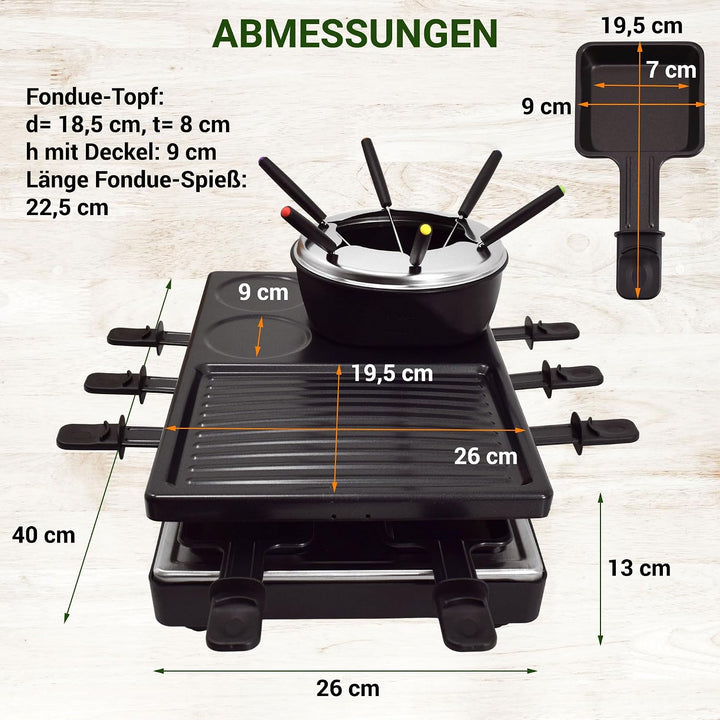 Syntrox Raclette Fondue 2in1 für 8 Personen, 1400 W, antihaft Grillplatte, 8 Pfännchen, 1,4 l Fondue