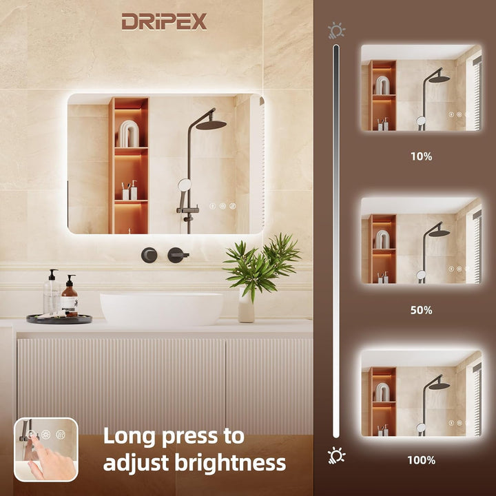 Dripex Badezimmerspiegel Led Badspiegel, Rechteckig, Touch-Schalter, Dimmbar, 3 Lichtfarbe Einstellb