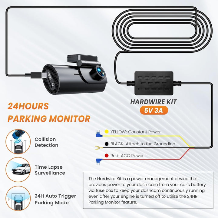 GKU Typ C Hardwire-Kit Dash Cam, 12V- 24V bis 5V 3A, 3,5 Meter Auto-Ladekabel-Kabel, Parküberwachung
