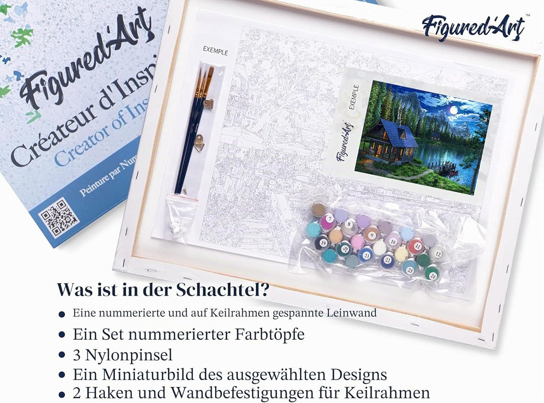 Figured'Art Malen Nach Zahlen Erwachsene Mit Rahmen See am Abend - Paint by Numbers Basteln DIY Bast