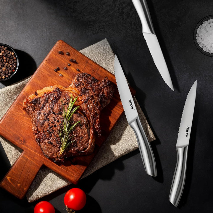 hecef Steakmesser Set 6-teilig, scharfe Tafelmesser mit Wellenschliff und ergonomischem Hohlgriff, k