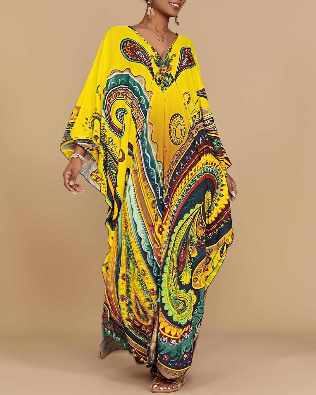 Bsubseach Damen Kaftan Kleider Batwing Sleeve Strandkleid V-Ausschnitt Caftan Maxi Kleid Sommer | Pa