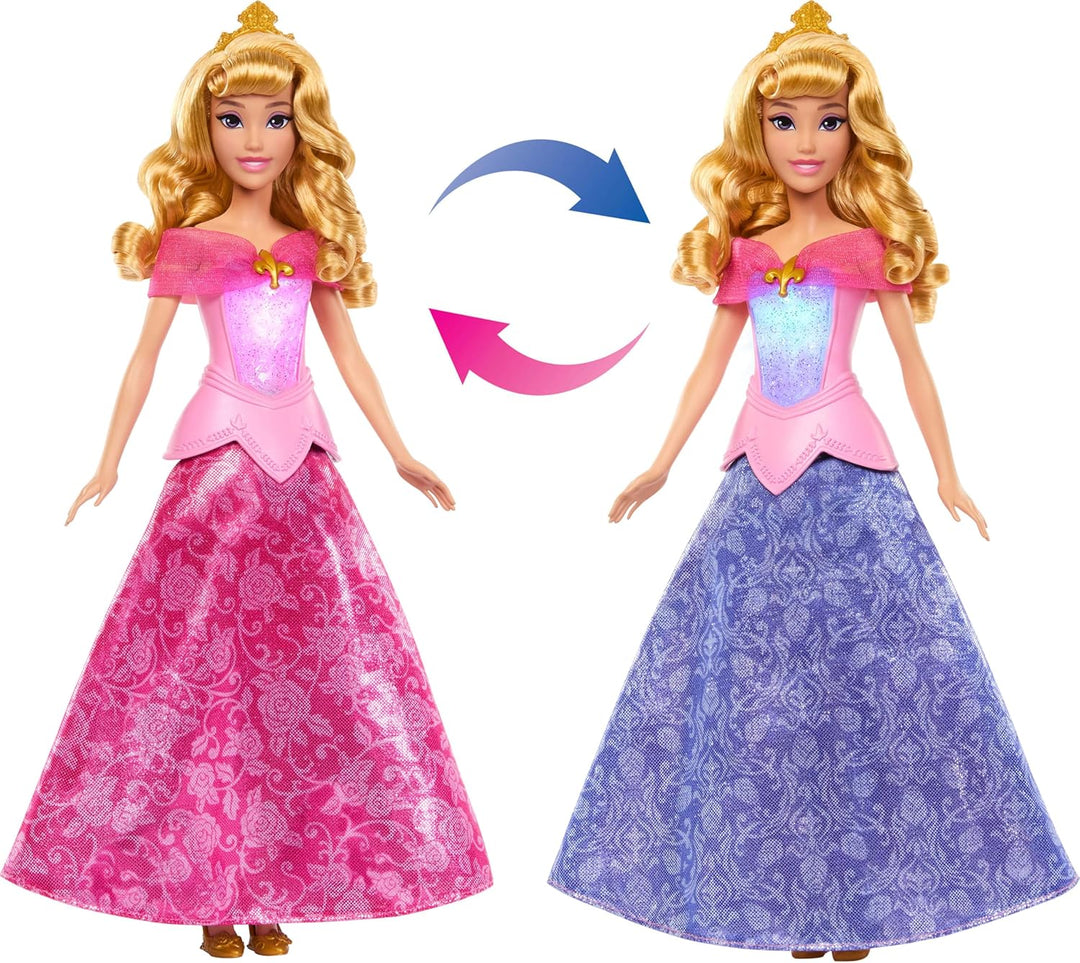Mattel Disney Princess Aurora-Modepuppe mit leuchtendem Oberteil und Kleid mit Farbwechsel von rosa