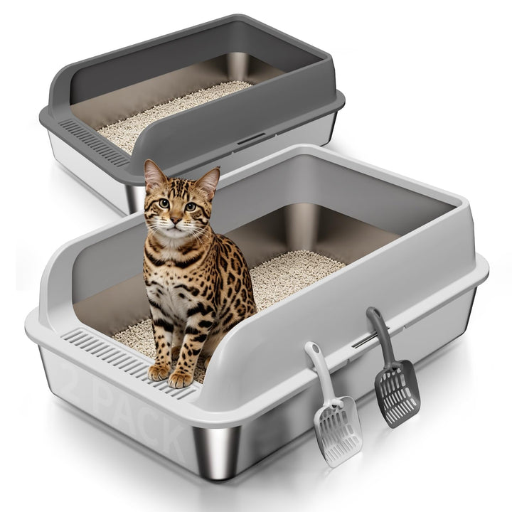 Edelstahl Katzenklo mit Deckel, 2 Stück Metal Katzenklo XXL mit Hoher Rand für Erwachsene Katzen,Was