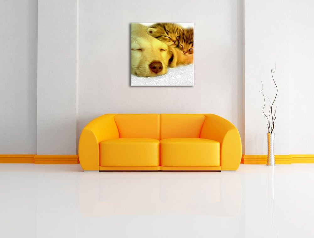 Pixxprint niedlicher Welpe kuschelt mit süssen Kätzchen schwarz/weiss, Format: 70x70 auf Leinwand, X