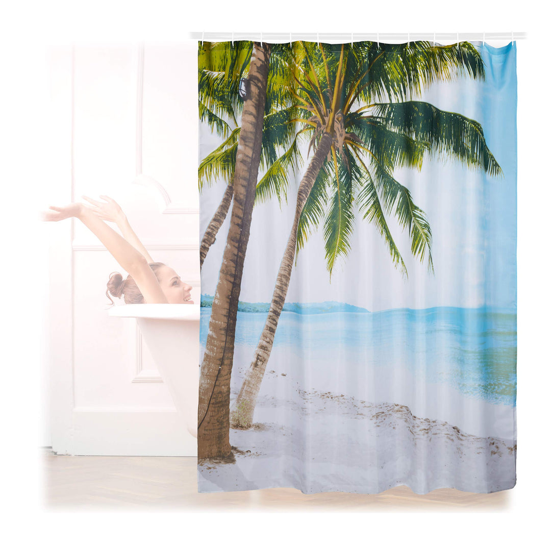 Relaxdays Duschvorhang Strand, Polyester, wasserabweisend, waschbar, Anti-Schimmel, Badewannenvorhan