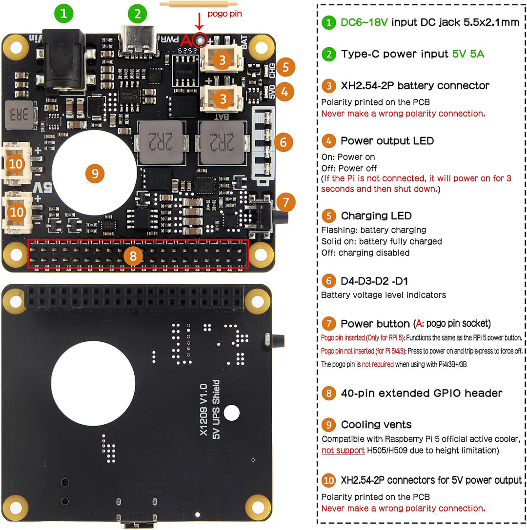 Geekworm X1209 UPS für Raspberry Pi 5/4B/3B+/3B | 5,1V 6A Ausgabe, 5-18V Breitbandeingang, Oben mont
