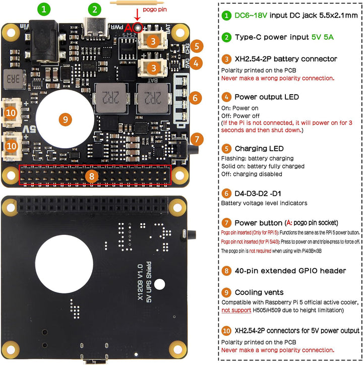 Geekworm X1209 UPS für Raspberry Pi 5/4B/3B+/3B | 5,1V 6A Ausgabe, 5-18V Breitbandeingang, Oben mont