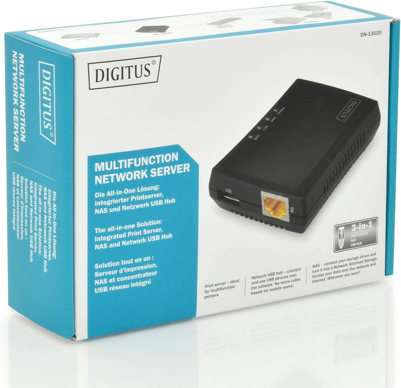 DIGITUS Fast Ethernet USB Netzwerk Server, multifunktional für NAS, USB-Hub, Drucker, DVD-Laufwerk,