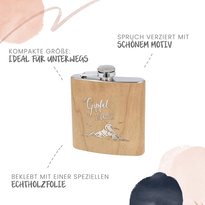 Spruchreif | Flachmann aus Edelstahl mit Gravur „Gipfel Stürmer“ – Geschenkidee für Ski- & Snowboard